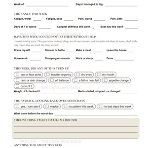 May include: A black and white printed health tracking log page titled Week 1, Looking Back. The form includes sections for logging fatigue, pain, daily activities, symptoms like jaw ache or dry eyes, medication changes, and a space for notes to a doctor.