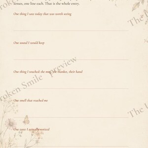 May include: A journal page titled DAY 21 Back in your body with floral illustrations and butterflies. It contains prompts for five senses including one thing I saw, one sound I would keep, one thing I touched, one smell, and one taste to notice.