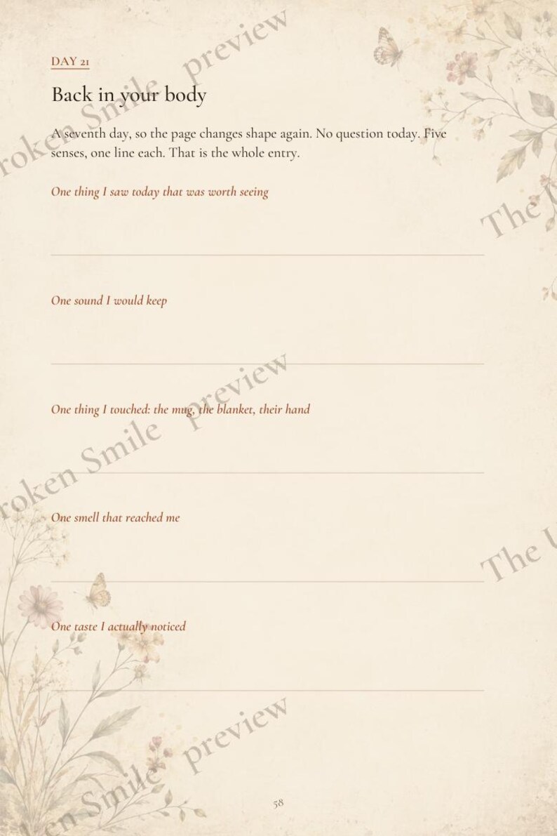 May include: A journal page titled DAY 21 Back in your body with floral illustrations and butterflies. It contains prompts for five senses including one thing I saw, one sound I would keep, one thing I touched, one smell, and one taste to notice.