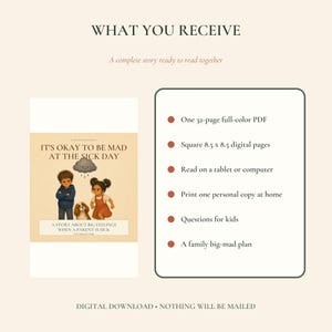 May include: A digital download product listing titled It's Okay To Be Mad At The Sick Day, featuring a storybook cover with two children and a dog under a rain cloud. The list includes a 32-page full-color PDF, 8.5 x 8.5 inch pages, and activities.