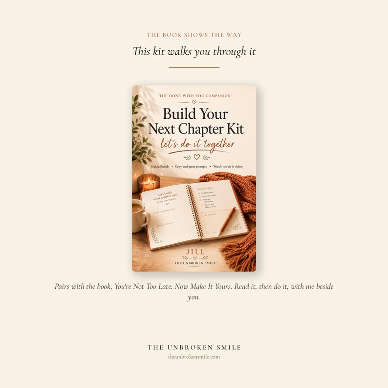 May include: A kit titled "Build Your Next Chapter Kit" with the text "Let's do it together." The kit is open to reveal lined pages and a pencil. A lit candle, a mug, and a cozy orange scarf are also visible.