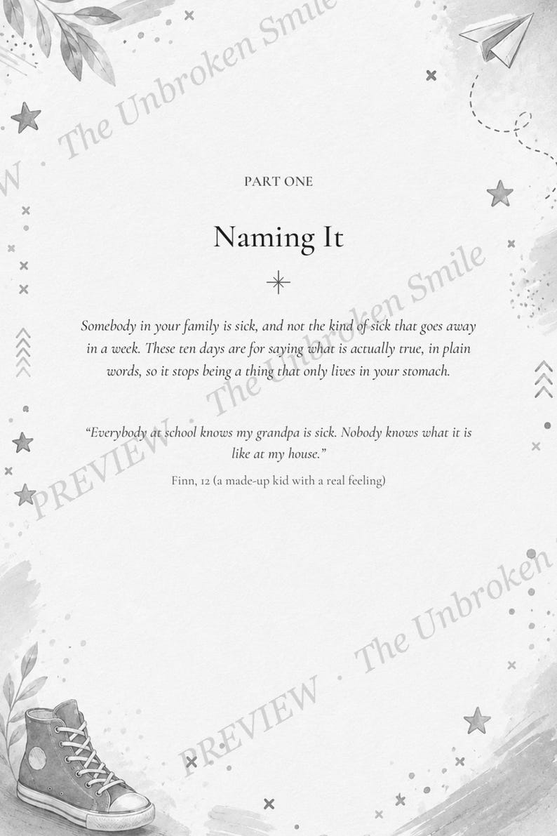 Part One opener titled Naming It, with gender-neutral tween design details, a sneaker illustration, and a pale preview watermark.