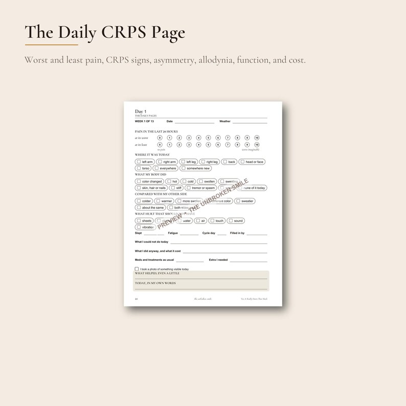 May include: A white paper form titled The Daily CRPS Page with sections for tracking pain levels, body locations, symptoms, and daily activities. The document includes checkboxes, numbered scales, and blank lines for written notes and observations.