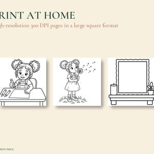 May include: Three black and white coloring pages featuring a child drawing at a desk, a child blowing on a dandelion, and a mirror on a shelf. The text reads PRINT AT HOME, High-resolution 300 DPI pages in a large square format, and THE UNBROKEN SMILE.