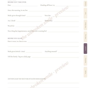 May include: A white Handoff Notes page featuring sections for date, handoff details, medication times, food intake, mood, and observations. The layout includes lines for notes, a sidebar with labeled tabs, and the page number 42 at the bottom right.