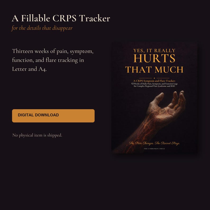 May include: A digital download tracker for CRPS with a dark background. The cover features a hand with glowing red veins and the text: YES, IT REALLY HURTS THAT MUCH, A CRPS Symptom and Flare Tracker: 13 Weeks of Daily Pain, Symptom, and Function Logs.