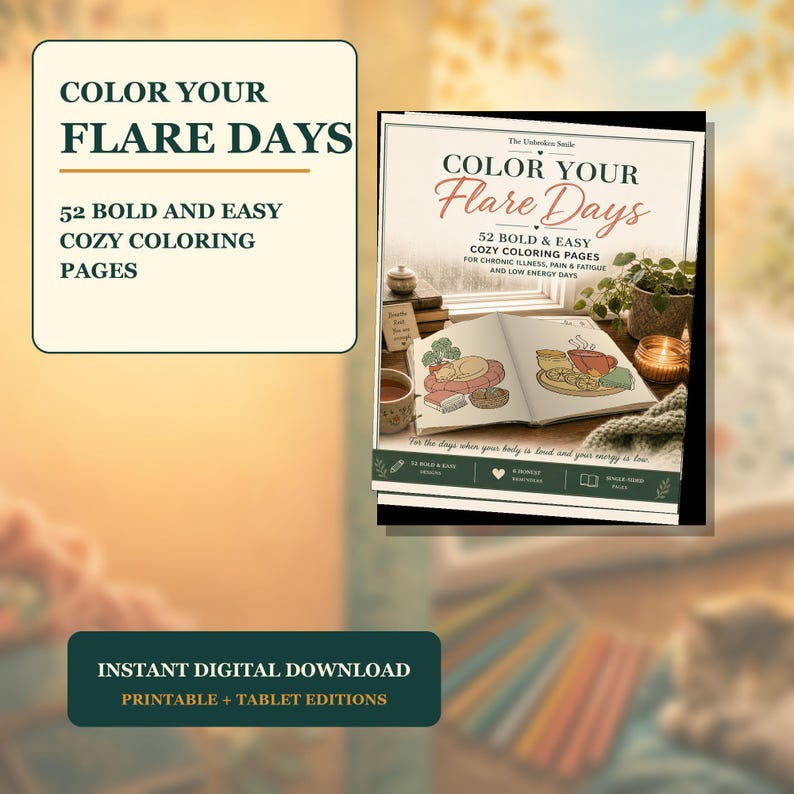 May include: A coloring book titled Color Your Flare Days featuring 52 bold and easy cozy coloring pages for chronic illness, pain, and fatigue. The cover shows an open book with illustrations of a cat, a mug, and snacks near a window.