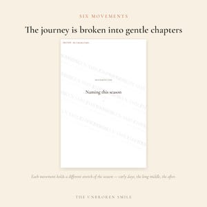 May include: A white document page titled PREVIEW - The Unbroken Smile, featuring the text MOVEMENT ONE and Naming this season. Above the page, the text reads SIX MOVEMENTS and The journey is broken into gentle chapters. Below, text reads Each movement holds a different stretch of the season &mdash; early days, the long middle, the after. THE UNBROKEN SMILE is at the bottom.