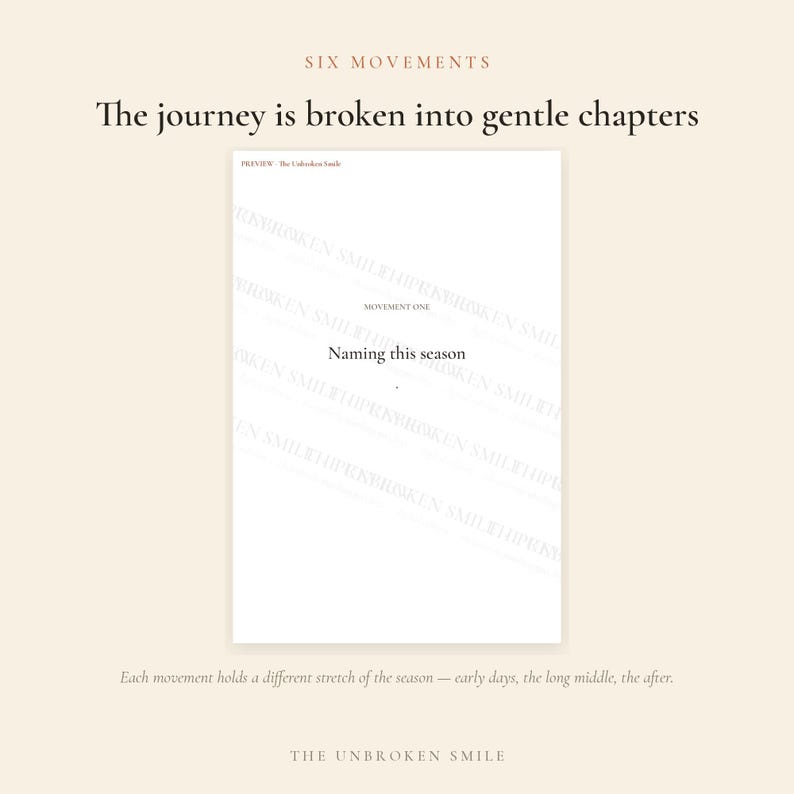 May include: A white document page titled PREVIEW - The Unbroken Smile, featuring the text MOVEMENT ONE and Naming this season. Above the page, the text reads SIX MOVEMENTS and The journey is broken into gentle chapters. Below, text reads Each movement holds a different stretch of the season &mdash; early days, the long middle, the after. THE UNBROKEN SMILE is at the bottom.