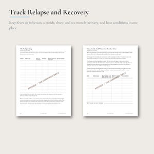May include: Two white pages from a health tracker titled Track Relapse and Recovery. The left page is The Relapse Log with columns for symptoms and recovery timelines. The right page is Heat, Cold, And What The Weather Does with a data table.