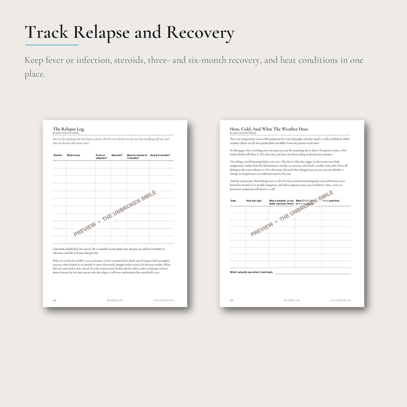 May include: Two white pages from a health tracker titled Track Relapse and Recovery. The left page is The Relapse Log with columns for symptoms and recovery timelines. The right page is Heat, Cold, And What The Weather Does with a data table.