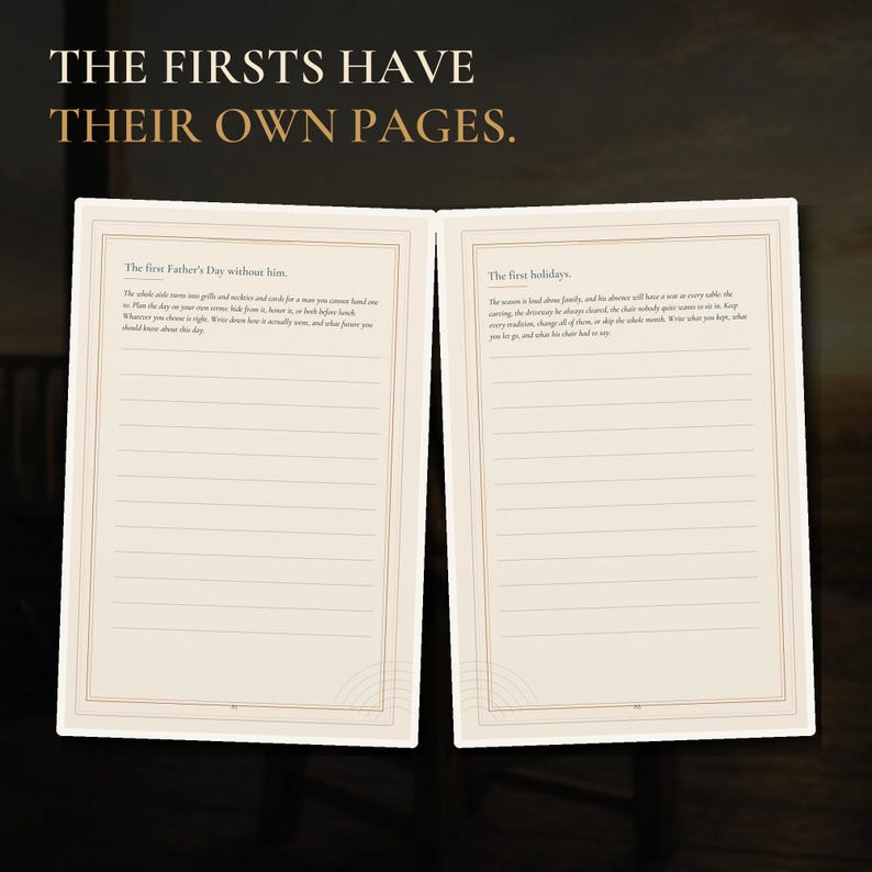 May include: An open journal with cream-colored pages featuring the text THE FIRSTS HAVE THEIR OWN PAGES. The left page is titled The first Father's Day without him, and the right page is titled The first holidays, both with lined writing space.