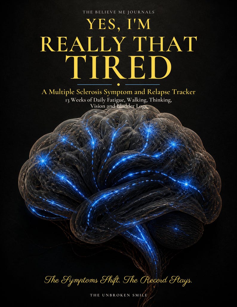 May include: A book cover titled Yes, I'm Really That Tired: A Multiple Sclerosis Symptom and Relapse Tracker. It features a dark, textured human brain illustration with glowing blue neural pathways against a black background with gold text.