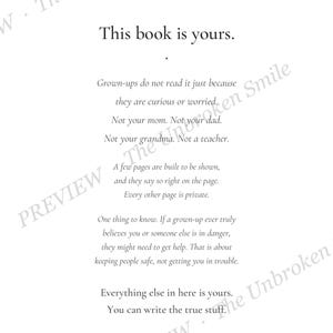 Interior privacy page explaining that the journal belongs to the child, with a safety exception and pale preview watermark.