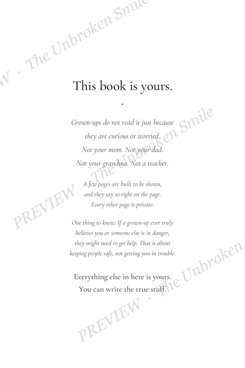 Interior privacy page explaining that the journal belongs to the child, with a safety exception and pale preview watermark.