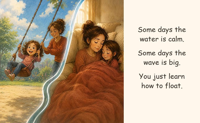 Może przedstawiać: Dwuczęściowa ilustracja przedstawiająca dziecko na huśtawce oraz dwie osoby przytulone pod kocem. Tekst brzmi: Some days the water is calm. Some days the wave is big. You just learn how to float. Obraz utrzymany w ciepłych brązowych odcieniach.