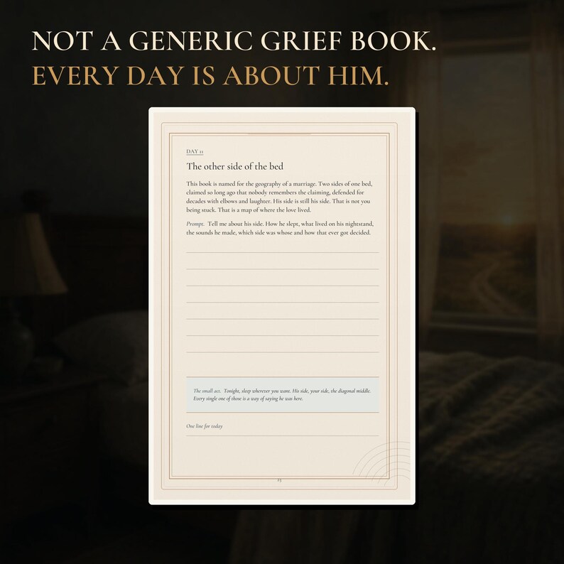 May include: A journal page titled Day 11, The other side of the bed, featuring text about marriage geography and a writing prompt. The page includes lined sections for personal reflection, a small shaded box with text, and a page number at the bottom.