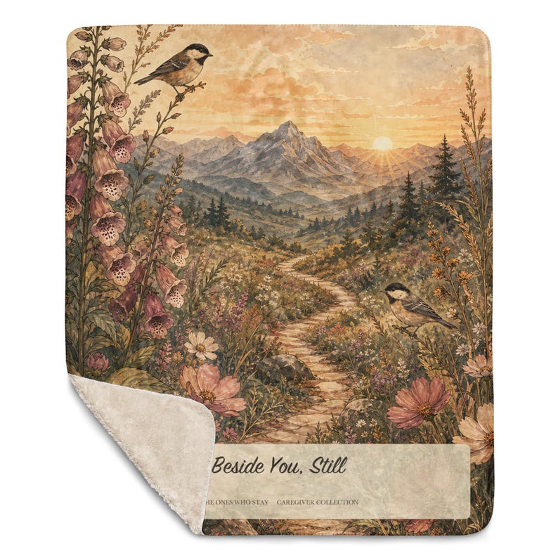 May include: A rectangular throw blanket with a sherpa fleece backing and a printed landscape scene featuring a winding path, mountains, wildflowers, and two small birds. The text reads "Beside You, Still" and "THE ONES WHO STAY CAREGIVER COLLECTION."