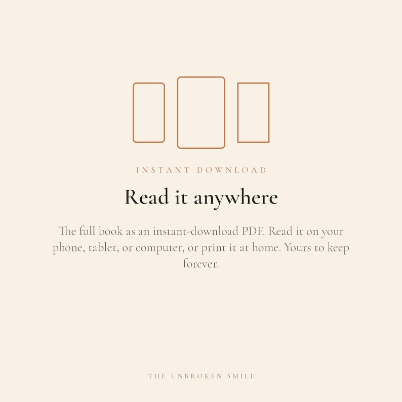 May include: A digital download advertisement on a cream background. The image features three brown rectangles above the words "Read it anywhere." The text below states the book is available as an instant-download PDF.