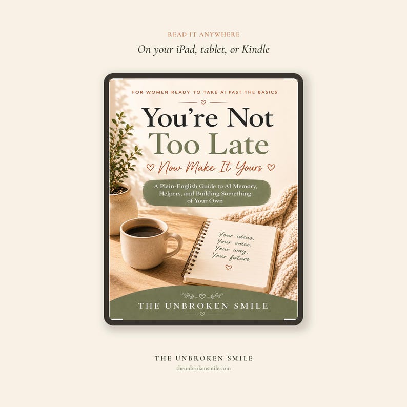 May include: A digital tablet displays a book cover with the title "You're Not Too Late." The cover features text and a heart symbol. A coffee cup, a small plant, and a notebook are on the table. The text "READ IT ANYWHERE" is at the top.