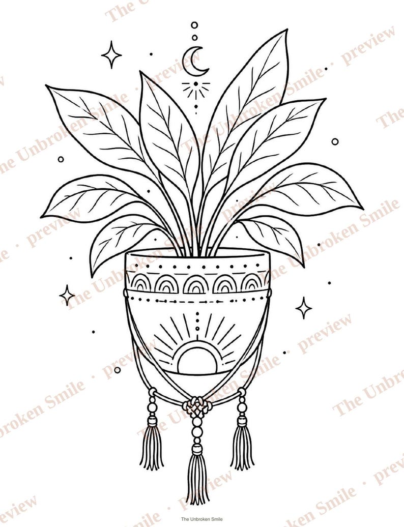 May include: Black and white line art illustration of a potted plant with large leaves. The pot is decorated with a sun and rainbow design, and hangs from a macrame hanger with tassels. Stars and a crescent moon are also included.