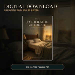 May include: A digital download of a 102-page fillable PDF journal titled The Other Side of the Bed, a 365-day guided grief journal for the loss of your husband. The cover features a bedroom with a bed, a window, and a sunset landscape view.