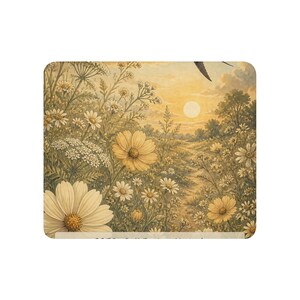 May include: A rectangular coaster featuring a warm-toned illustration of a sunlit meadow filled with white and yellow wildflowers. A path winds through the center toward a bright sun in the sky, with a bird silhouette visible in the upper corner.