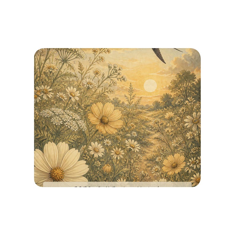 May include: A rectangular coaster featuring a warm-toned illustration of a sunlit meadow filled with white and yellow wildflowers. A path winds through the center toward a bright sun in the sky, with a bird silhouette visible in the upper corner.