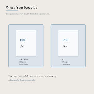May include: Two digital PDF documents labeled US Letter and A4. Each document contains 158 pages and 5,400+ fields. The text reads: What You Receive, Two complete, truly fillable PDFs for personal use, PDF, Aa, and Type answers, tick boxes, save, close, and reopen. Adobe Acrobat Reader recommended.