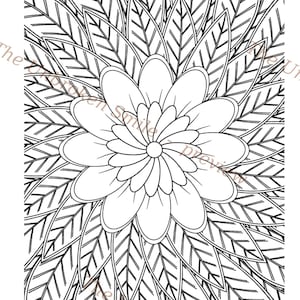 May include: Black and white floral coloring page featuring a large flower and detailed leaves. The Unbroken Smile preview is printed at the bottom of the page.