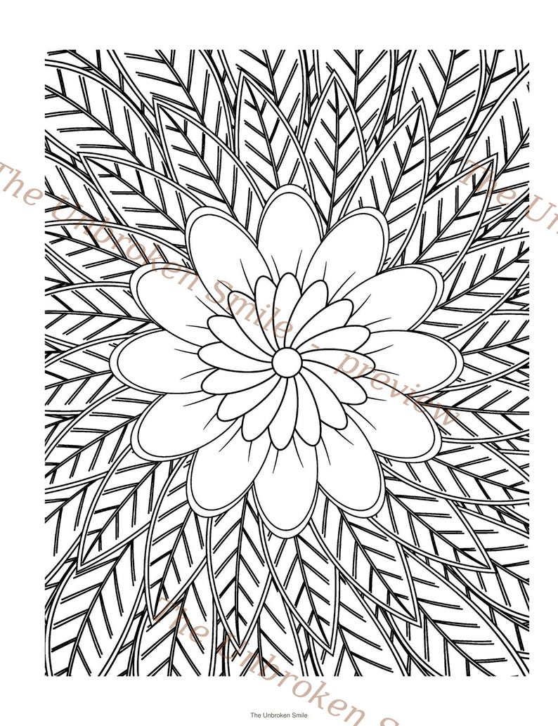 May include: Black and white floral coloring page featuring a large flower and detailed leaves. The Unbroken Smile preview is printed at the bottom of the page.