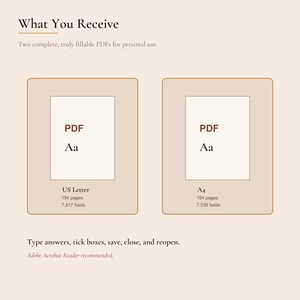 May include: Two digital fillable PDF documents for personal use. One US Letter size with 154 pages and 7,517 fields, and one A4 size with 154 pages and 7,539 fields. Text includes: What You Receive, PDF, Aa, US Letter, A4, and Type answers, tick boxes, save, close, and reopen.