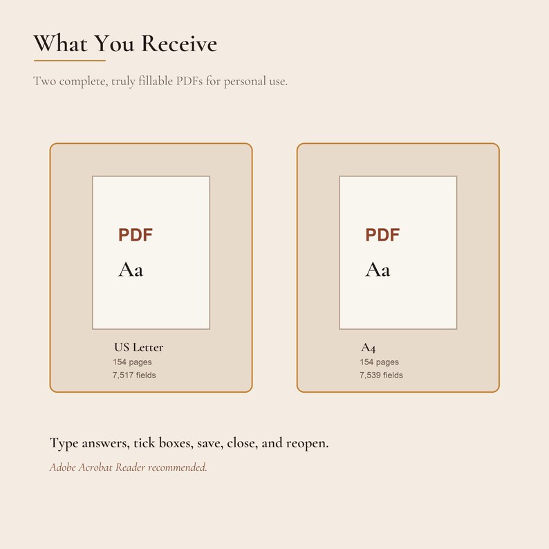 May include: Two digital fillable PDF documents for personal use. One US Letter size with 154 pages and 7,517 fields, and one A4 size with 154 pages and 7,539 fields. Text includes: What You Receive, PDF, Aa, US Letter, A4, and Type answers, tick boxes, save, close, and reopen.