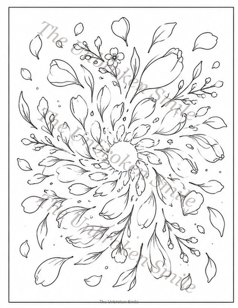 Peut inclure: Dessin au trait en noir et blanc d'un motif floral. L'image pr&eacute;sente une forme centrale en forme d'&eacute;clat de soleil entour&eacute;e de fleurs, de feuilles et de p&eacute;tales stylis&eacute;s. Les mots "The Unbroken Smile" sont imprim&eacute;s en cursive.