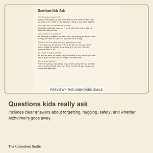 Pu&ograve; includere: Un documento intitolato Questions Kids Ask contenente testo che affronta le preoccupazioni sulla malattia di Alzheimer, incluse domande su dimenticanze, confusione dei nomi, contatto fisico e progressione della malattia.