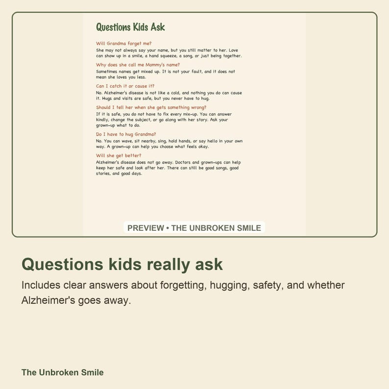 Pu&ograve; includere: Un documento intitolato Questions Kids Ask contenente testo che affronta le preoccupazioni sulla malattia di Alzheimer, incluse domande su dimenticanze, confusione dei nomi, contatto fisico e progressione della malattia.