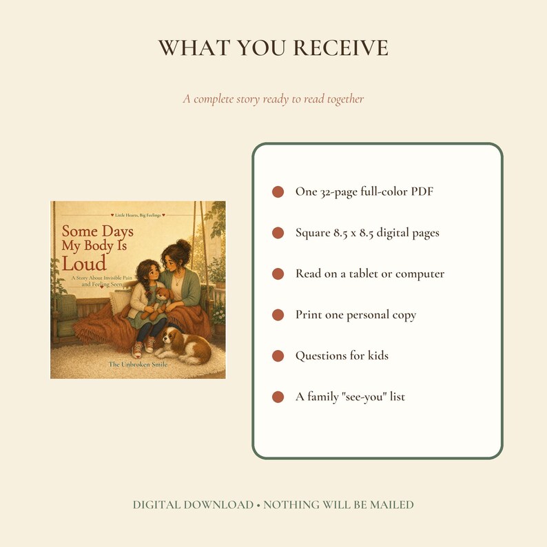 Pu&ograve; includere: Un elenco di prodotti in download digitale intitolato What You Receive, con un libro PDF a colori di 32 pagine intitolato Some Days My Body Is Loud. Le pagine quadrate di 21,6 x 21,6 cm includono una storia, domande e una lista per famiglie.