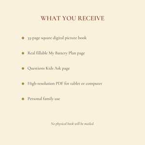 May include: A digital product information list on a cream background with the heading WHAT YOU RECEIVE. It includes a 33-page square digital picture book, a fillable My Battery Plan page, a Questions Kids Ask page, a high-resolution PDF, and personal family use. No physical book will be mailed.