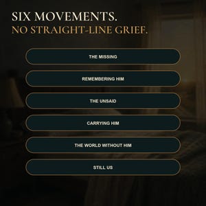 May include: A dark graphic featuring the text SIX MOVEMENTS. NO STRAIGHT-LINE GRIEF. followed by six horizontal buttons labeled THE MISSING, REMEMBERING HIM, THE UNSAID, CARRYING HIM, THE WORLD WITHOUT HIM, and STILL US in a clean, sans-serif font.