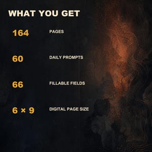 May include: A digital product information graphic with a dark, textured background featuring orange and black tones. The text reads: WHAT YOU GET, 164 PAGES, 60 DAILY PROMPTS, 66 FILLABLE FIELDS, and 6 x 9 DIGITAL PAGE SIZE in bold orange and white.