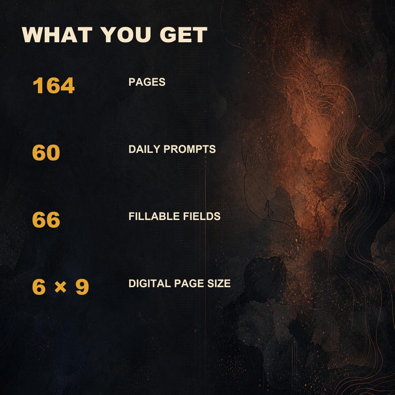 May include: A digital product information graphic with a dark, textured background featuring orange and black tones. The text reads: WHAT YOU GET, 164 PAGES, 60 DAILY PROMPTS, 66 FILLABLE FIELDS, and 6 x 9 DIGITAL PAGE SIZE in bold orange and white.