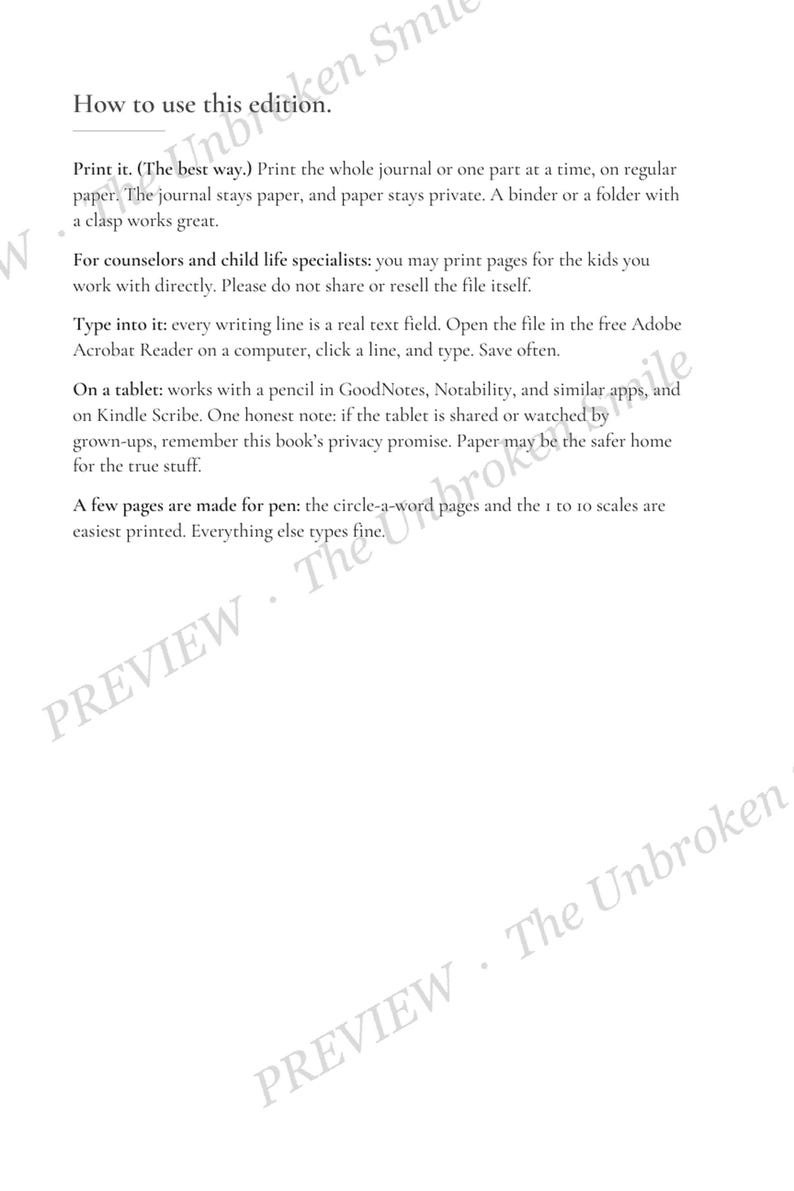 How to use this edition page explaining printing, fillable PDF use, compatible reading apps, and privacy on shared devices.
