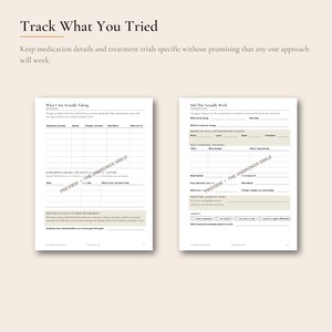 May include: Two white pages from a medical tracking journal. The left page is titled What I Am Actually Taking and includes tables for medication, supplements, and side effects. The right page is titled Did This Actually Work with fields for treatment trials, symptom changes, and a verdict section.