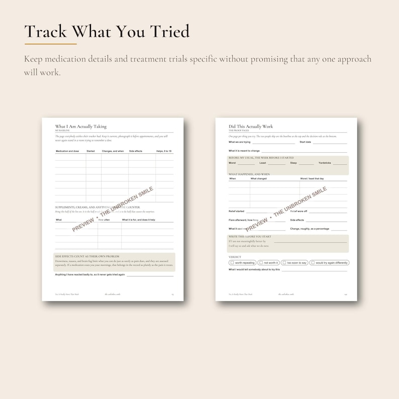 May include: Two white pages from a medical tracking journal. The left page is titled What I Am Actually Taking and includes tables for medication, supplements, and side effects. The right page is titled Did This Actually Work with fields for treatment trials, symptom changes, and a verdict section.