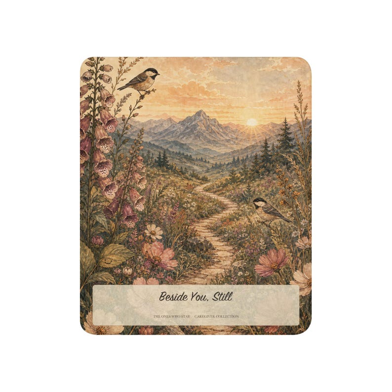 May include: A rectangular print featuring a mountain landscape at sunrise with a winding path, wildflowers, and two small birds. The text "Beside You, Still" and "THE ONES WHO STAY - CAREGIVER COLLECTION" is printed in a light-colored rectangular box.