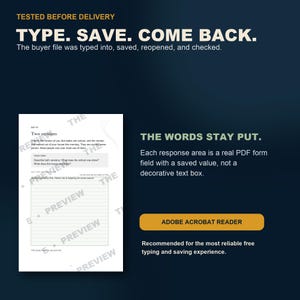 May include: A digital document preview featuring the text TESTED BEFORE DELIVERY, TYPE. SAVE. COME BACK., and THE WORDS STAY PUT. The page includes a PDF form field with lined writing space, a prompt titled Two versions, and an Adobe Acrobat Reader button.