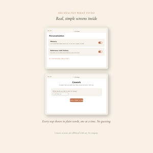 May include: The image displays two computer screen mockups with text. The top screen shows "Personalization" options, including "Memory" and "Reference chat history." The bottom screen is labeled "Cowork" and includes a text input field and a button that says "save a folder to be".