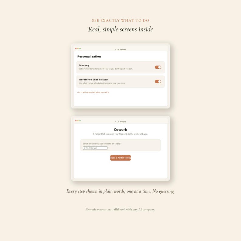 May include: The image displays two computer screen mockups with text. The top screen shows "Personalization" options, including "Memory" and "Reference chat history." The bottom screen is labeled "Cowork" and includes a text input field and a button that says "save a folder to be".