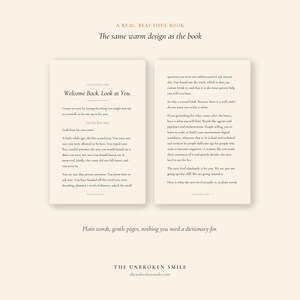 May include: Two-page spread of a book with text. The left page reads "Welcome Back. Look at You." The right page continues the text. The book's title is "A REAL, BEAUTIFUL BOOK". The bottom reads "Plain words, gentle pages, nothing you need a dictionary for."