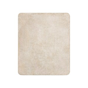 May include: A rectangular, solid beige blanket with a soft, plush, and fuzzy texture. The item features rounded corners and a consistent, uniform light tan color throughout its entire surface, presenting a simple and clean appearance.